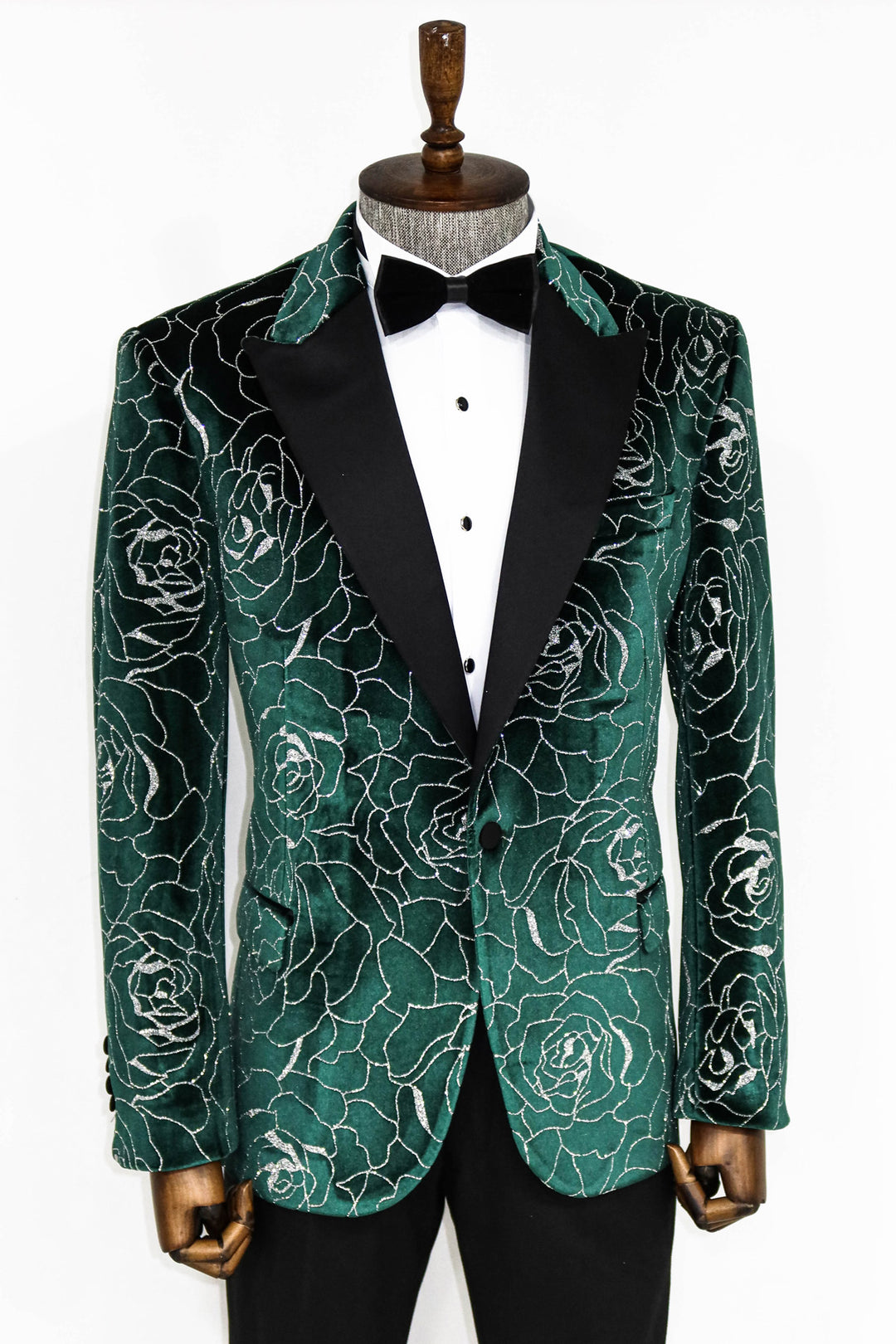 Silver Rose Patterned Over Green Men Prom Blazer - Wessi