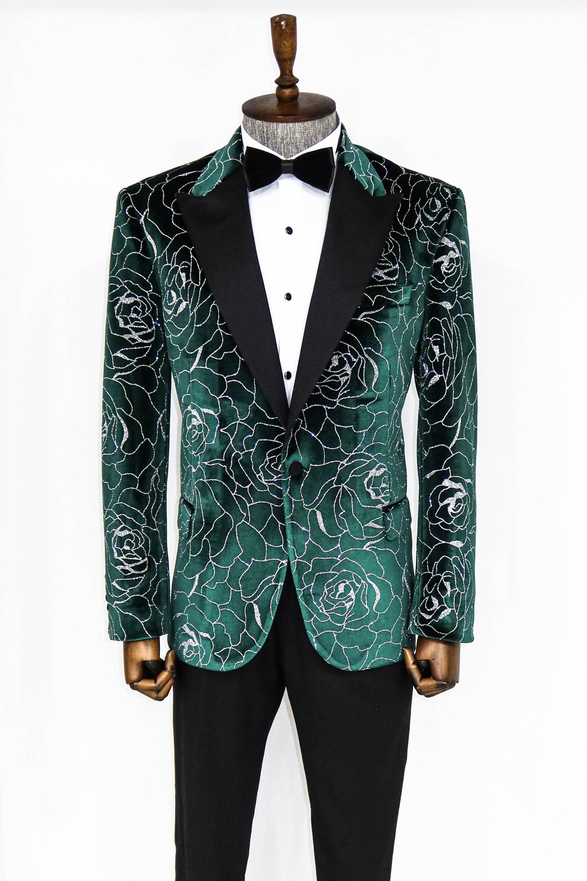 Silver Rose Patterned Over Green Men Prom Blazer Wessi