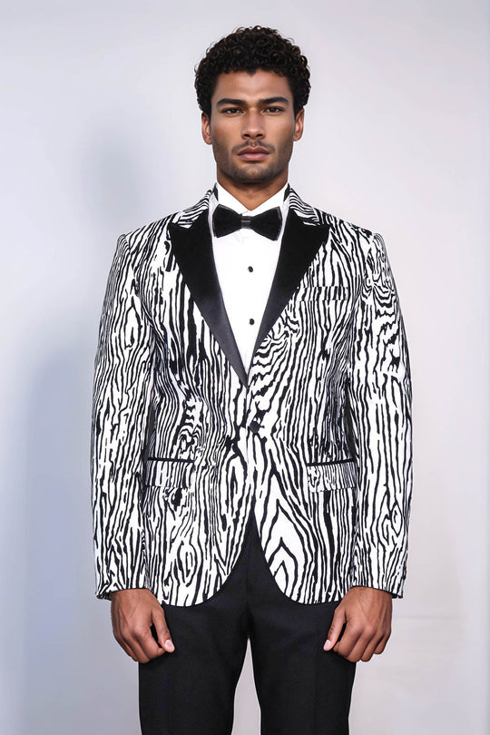 Wessi Slim Fit Zebra Patterned White Men's Blazer, Single Button Peak Lapel, 80% Viscose 17% Polyester 3% Lycra, Made in Turkey