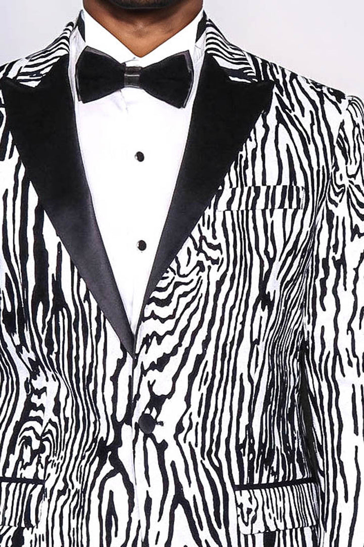 Slim Fit Zebra Patterned White Men Party Blazer - Wessi