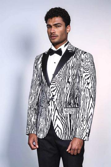 Slim Fit Zebra Patterned White Men Party Blazer - Wessi