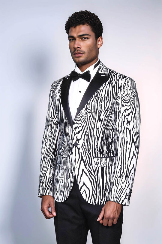 Slim Fit Zebra Patterned White Men Party Blazer - Wessi