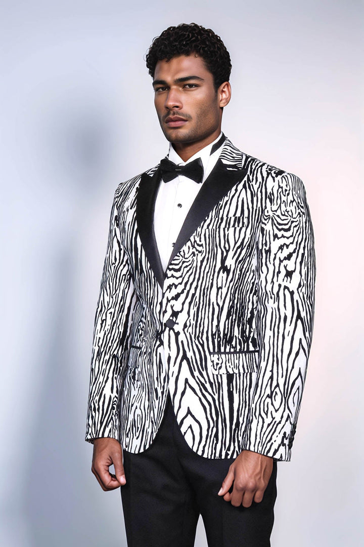 Slim Fit Zebra Patterned White Men Party Blazer - Wessi