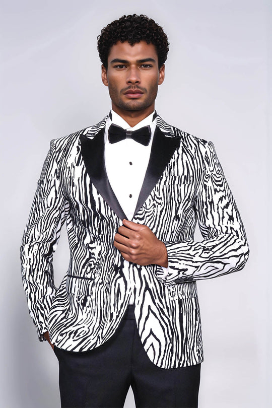 Wessi Slim Fit Zebra Patterned White Men's Blazer, Single Button Peak Lapel, 80% Viscose 17% Polyester 3% Lycra, Made in Turkey Wessi Slim Fit Zebra Patterned White Men's Blazer, Single Button Peak Lapel, 80% Viscose 17% Polyester 3% Lycra, Made in Turkey