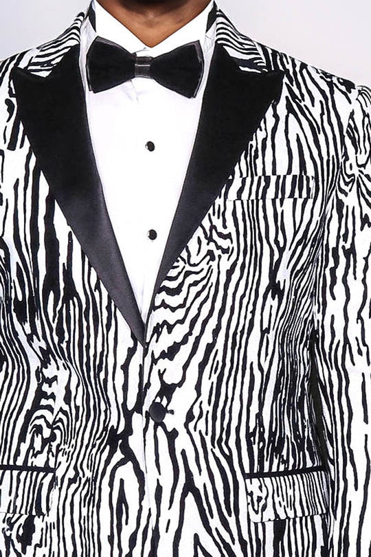 Slim Fit Zebra Patterned White Men Party Blazer - Wessi