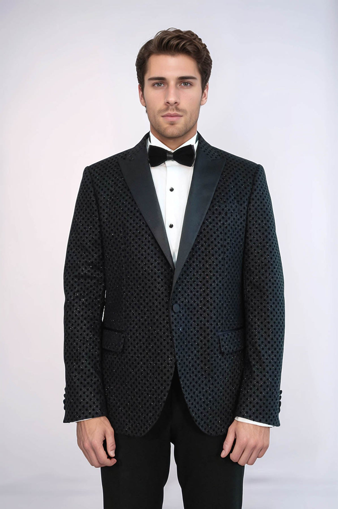 Sequin Dot Patterned Black Men Sparkly Singer Tuxedo Jacket - Wessi