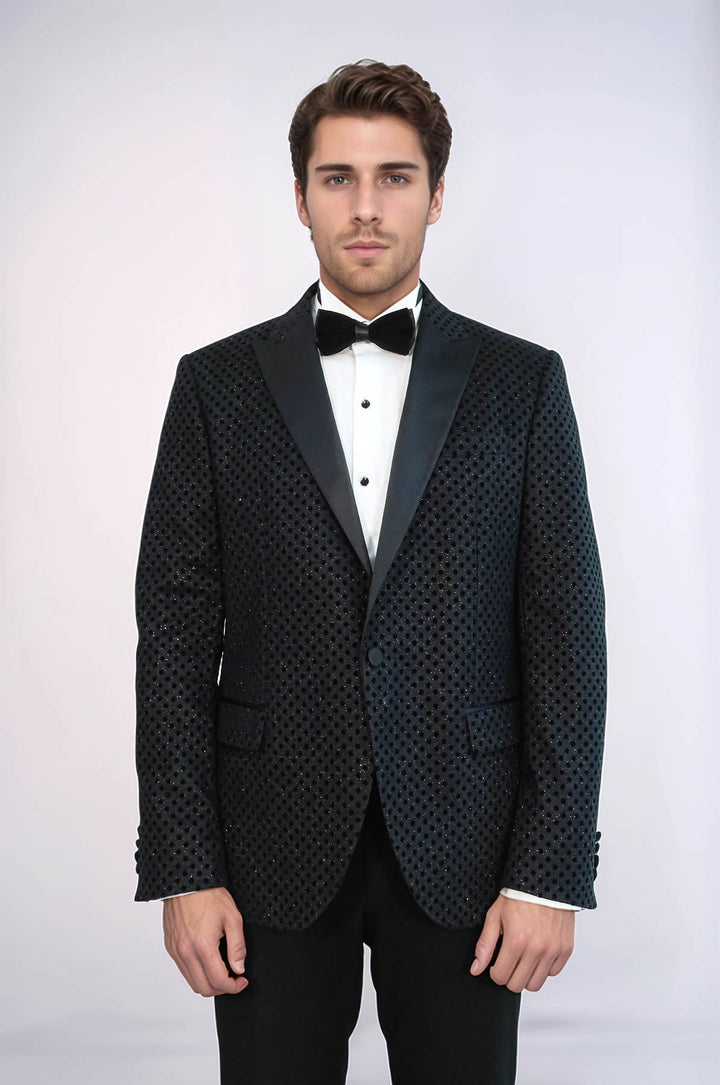 Sequin Dot Patterned Black Men Sparkly Singer Tuxedo Jacket - Wessi