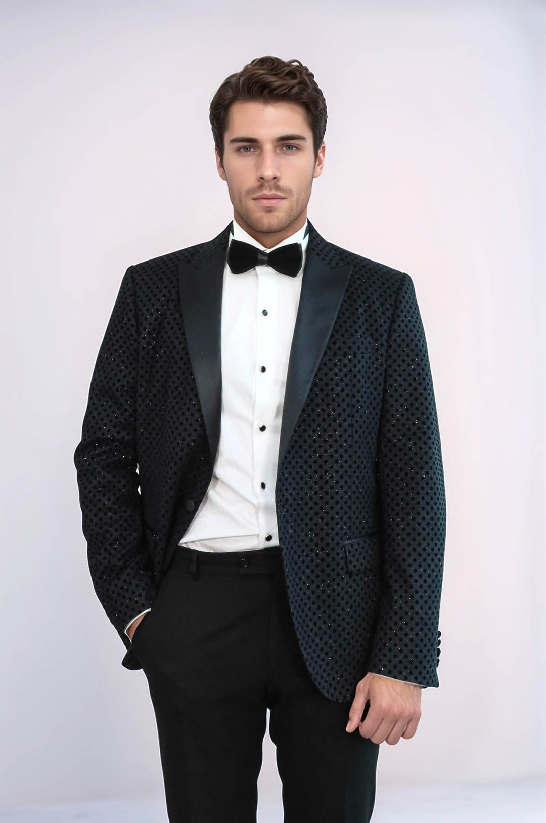 Sequin Dot Patterned Black Men Sparkly Singer Tuxedo Jacket - Wessi