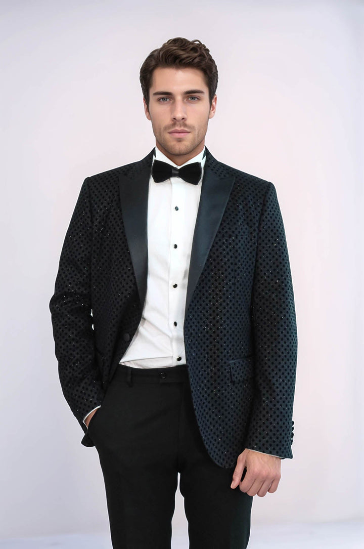 Sequin Dot Patterned Black Men Sparkly Singer Tuxedo Jacket - Wessi