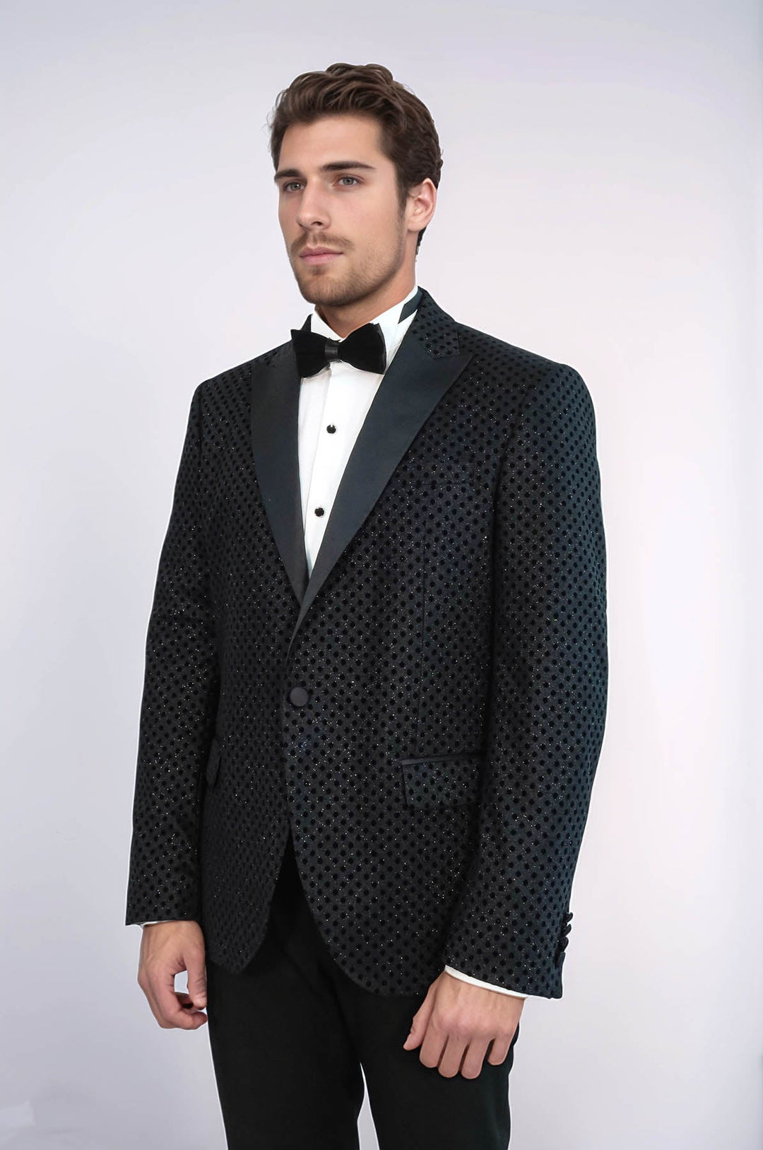 Sequin Dot Patterned Black Men Sparkly Singer Tuxedo Jacket - Wessi