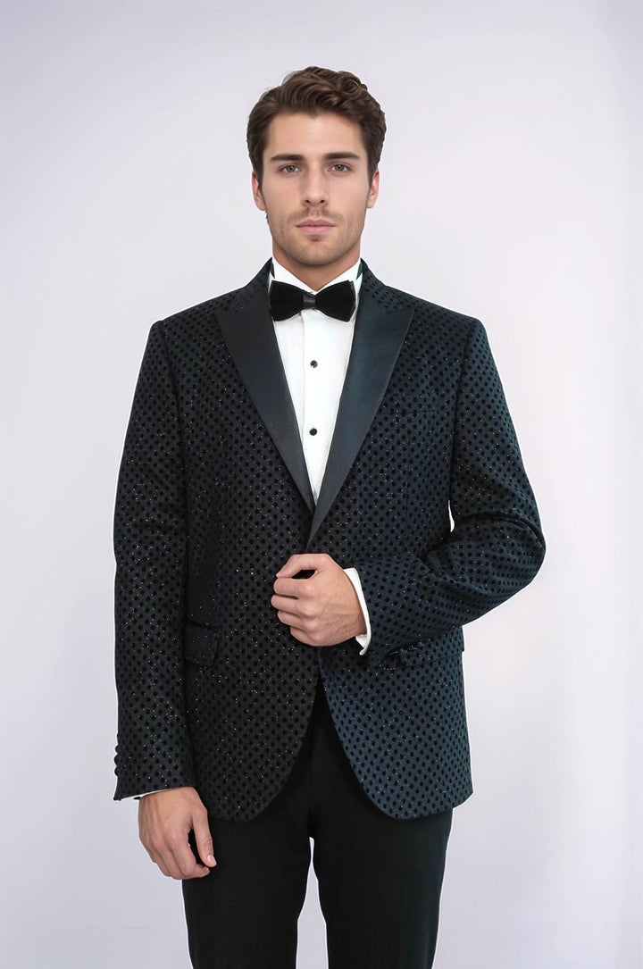 Sequin Dot Patterned Black Men Sparkly Singer Tuxedo Jacket - Wessi