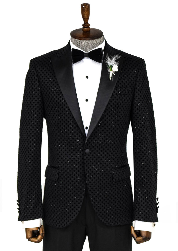 Sequin Dot Patterned Black Men Prom Blazer - Wessi