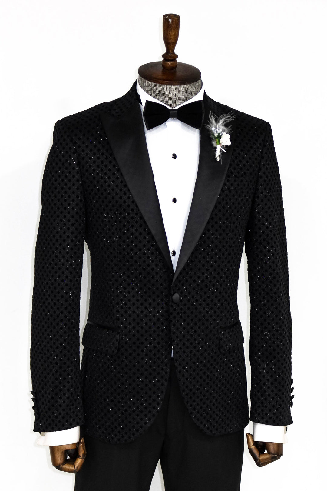 Sequin Dot Patterned Black Men Prom Blazer - Wessi