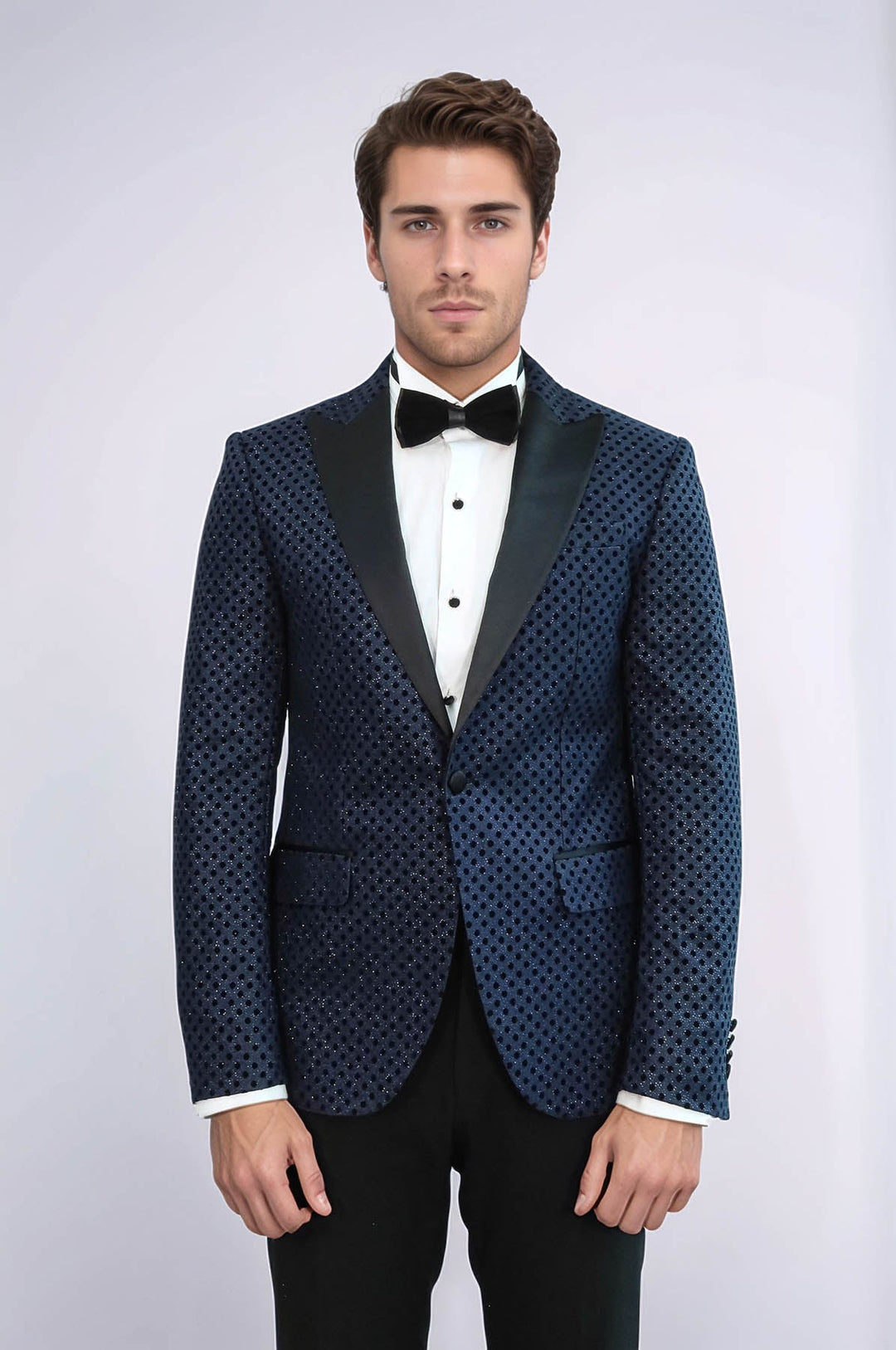 Sequin Dot Patterned Navy Blue Men Tuxedo Blazer - Wessi