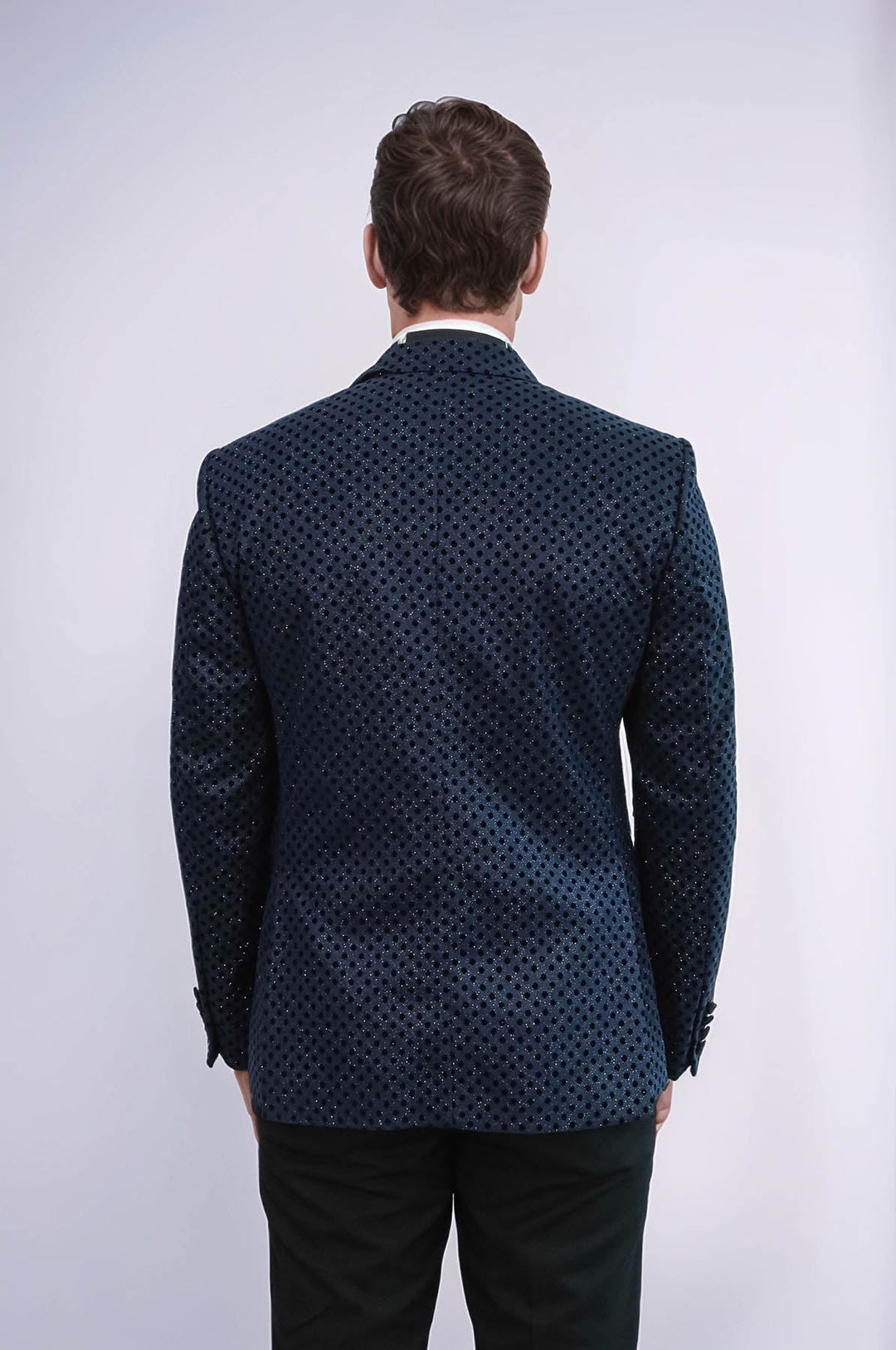 Sequin Dot Patterned Navy Blue Men Tuxedo Blazer - Wessi