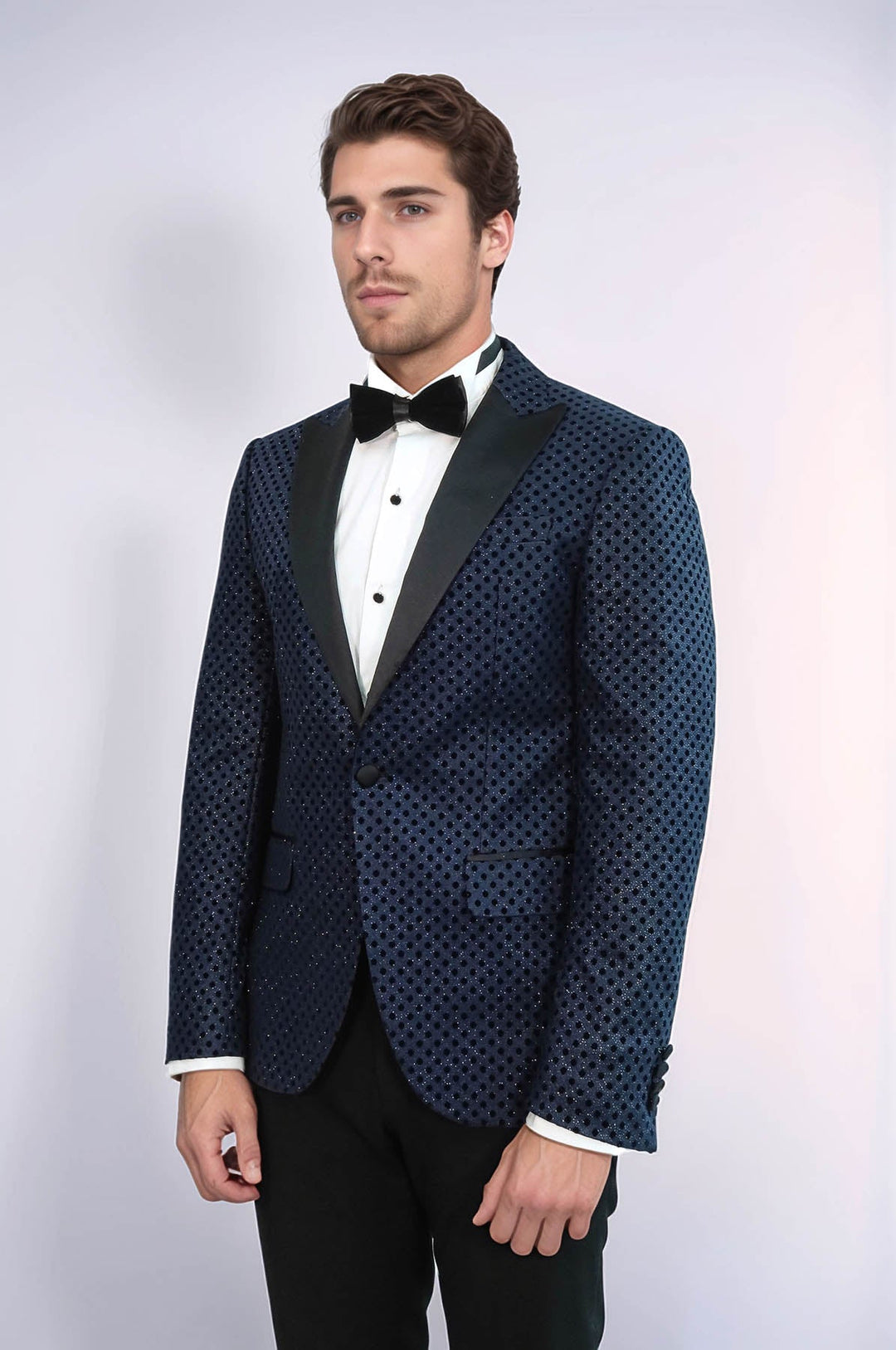 Sequin Dot Patterned Navy Blue Men Tuxedo Blazer - Wessi