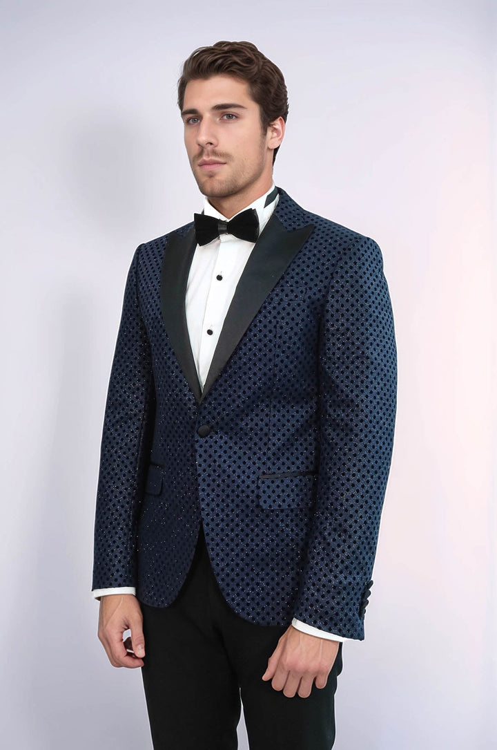 Sequin Dot Patterned Navy Blue Men Tuxedo Blazer - Wessi