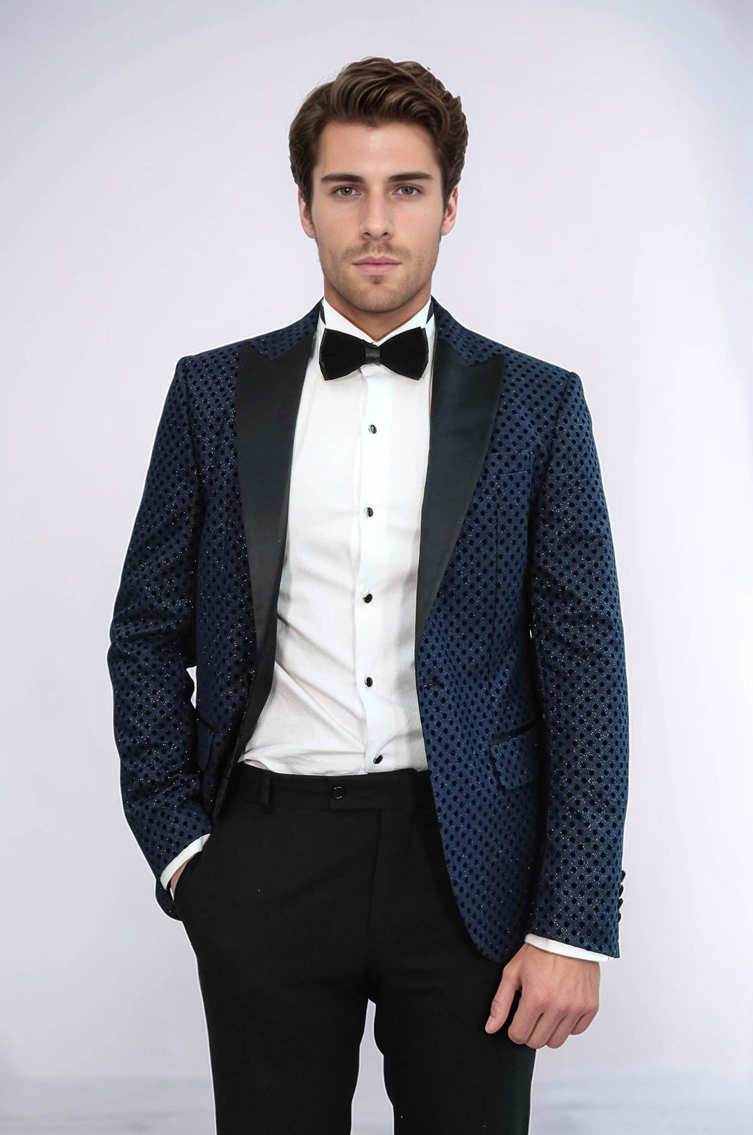 Sequin Dot Patterned Navy Blue Men Tuxedo Blazer - Wessi
