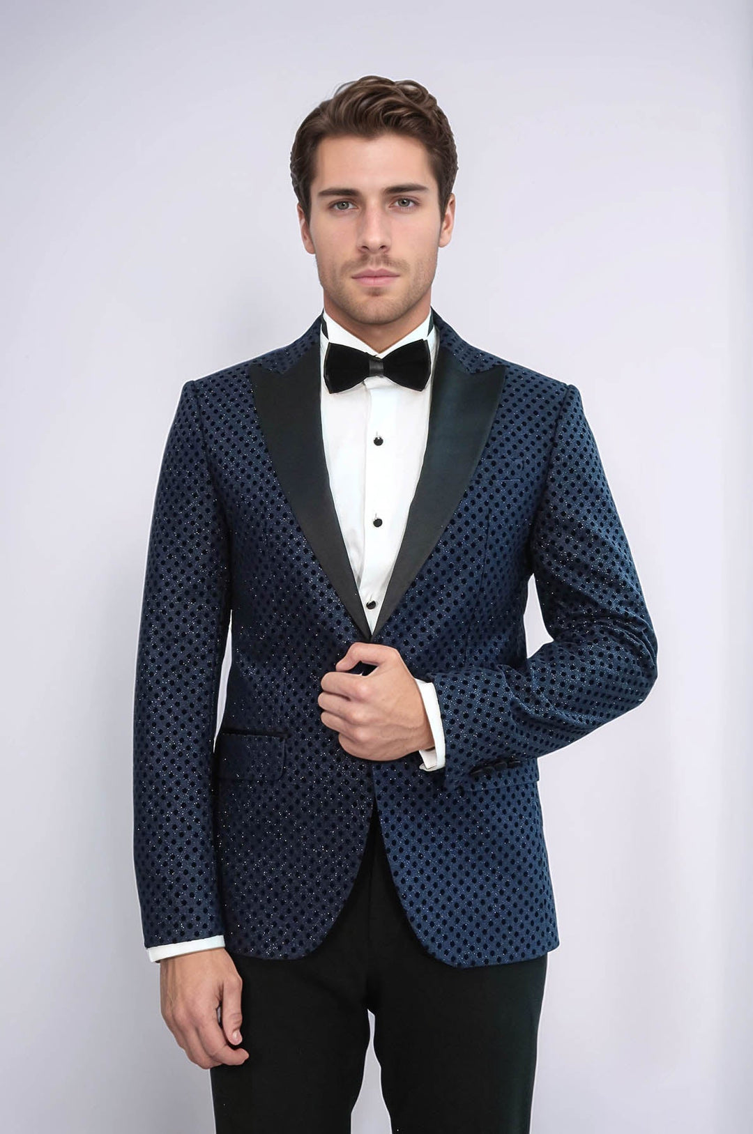 Sequin Dot Patterned Navy Blue Men Tuxedo Blazer - Wessi