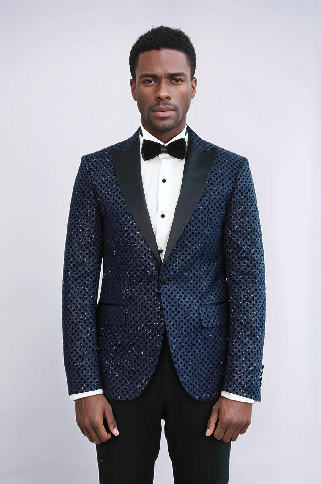 Sequin Dot Patterned Navy Blue Men Stage Tuxedo Blazer - Wessi