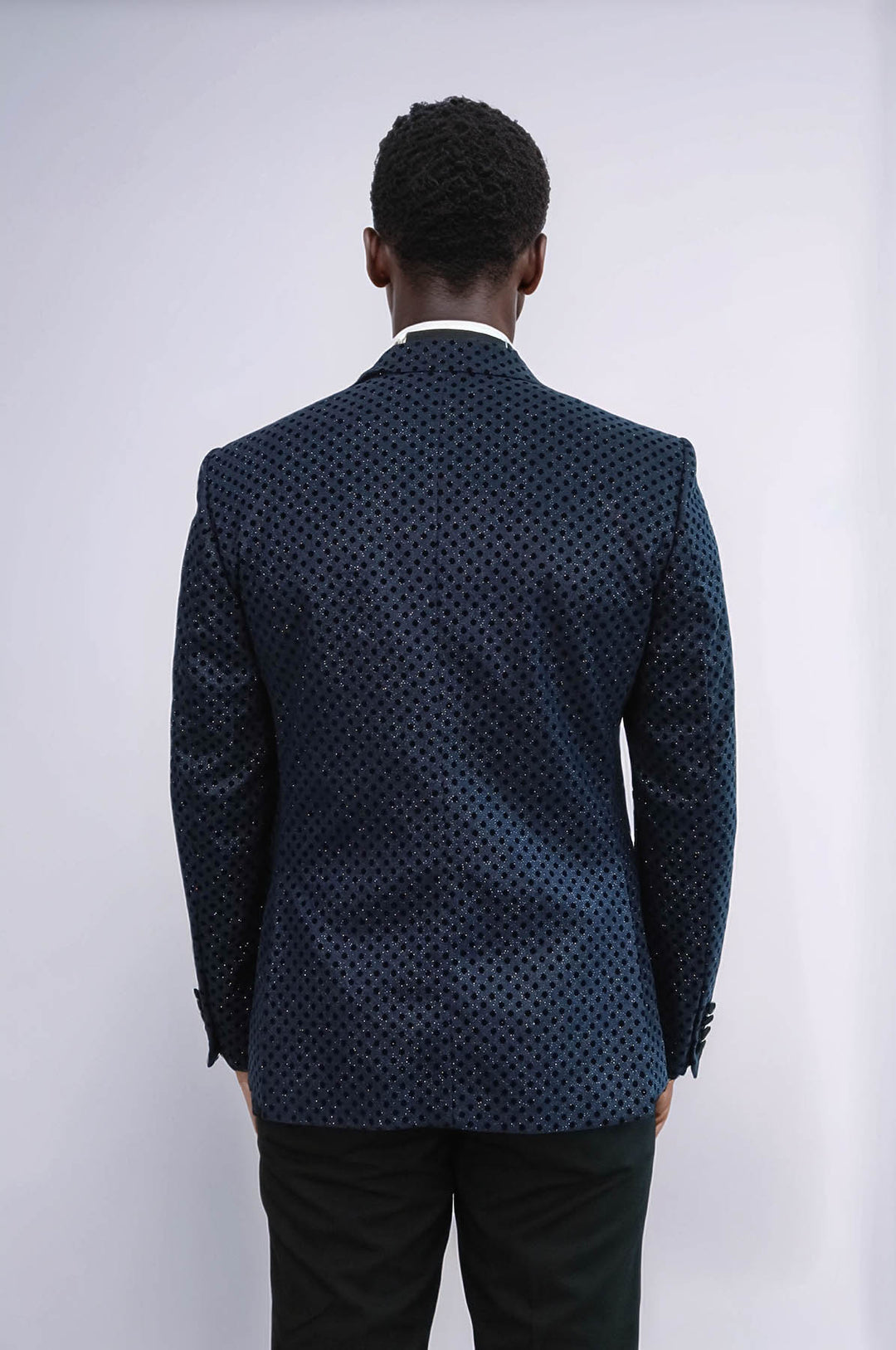 Sequin Dot Patterned Navy Blue Men Stage Tuxedo Blazer - Wessi