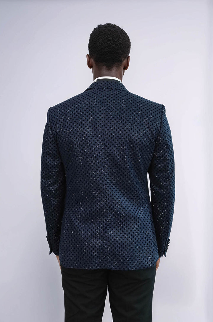 Sequin Dot Patterned Navy Blue Men Stage Tuxedo Blazer - Wessi
