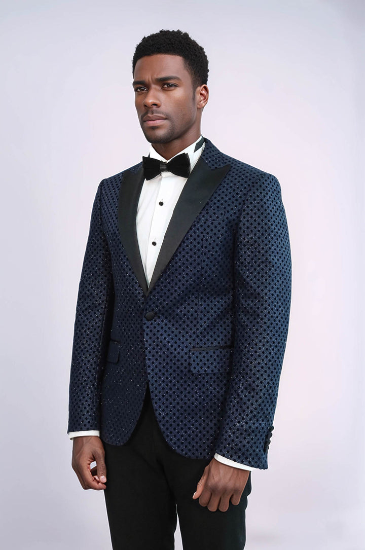 Sequin Dot Patterned Navy Blue Men Stage Tuxedo Blazer - Wessi