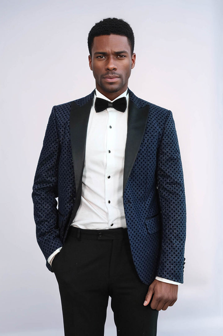 Sequin Dot Patterned Navy Blue Men Stage Tuxedo Blazer - Wessi
