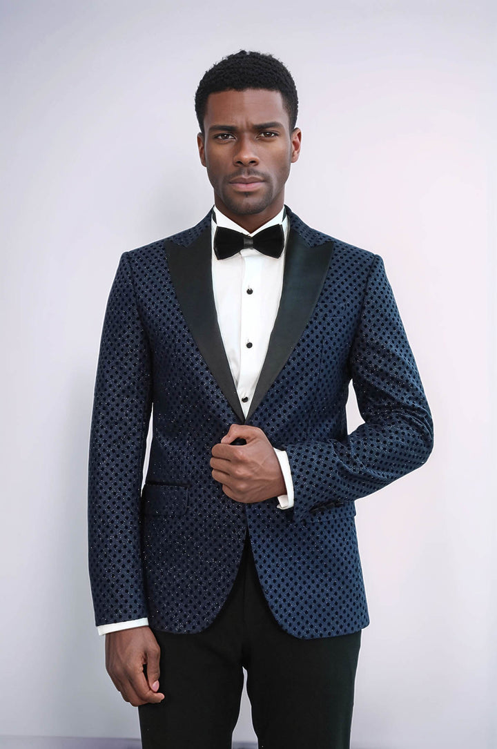 Sequin Dot Patterned Navy Blue Men Stage Tuxedo Blazer - Wessi