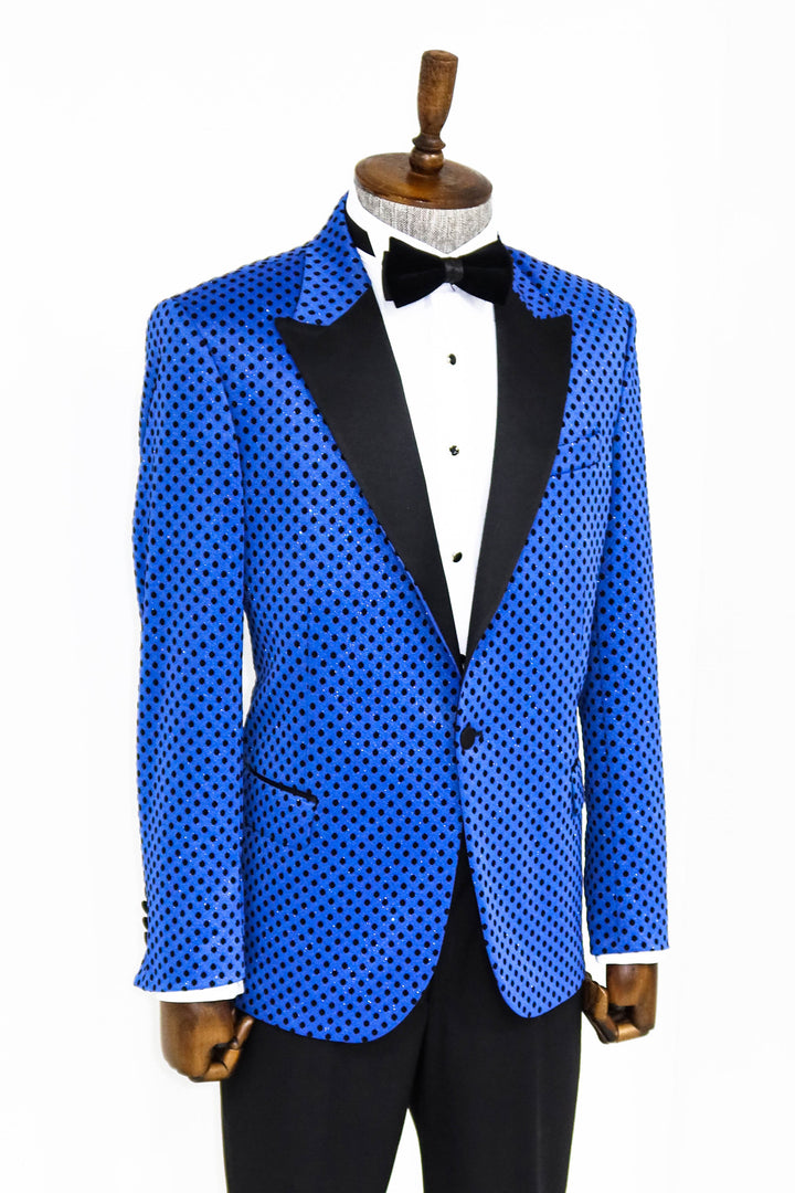Sequin Dot Patterned Sax Blue Men Prom Blazer - Wessi