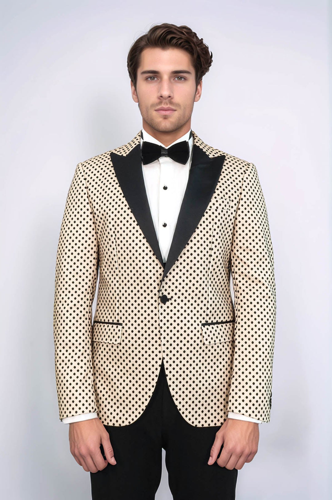 Sequin Dot Patterned Cream Men Wedding Tuxedo Blazer - Wessi
