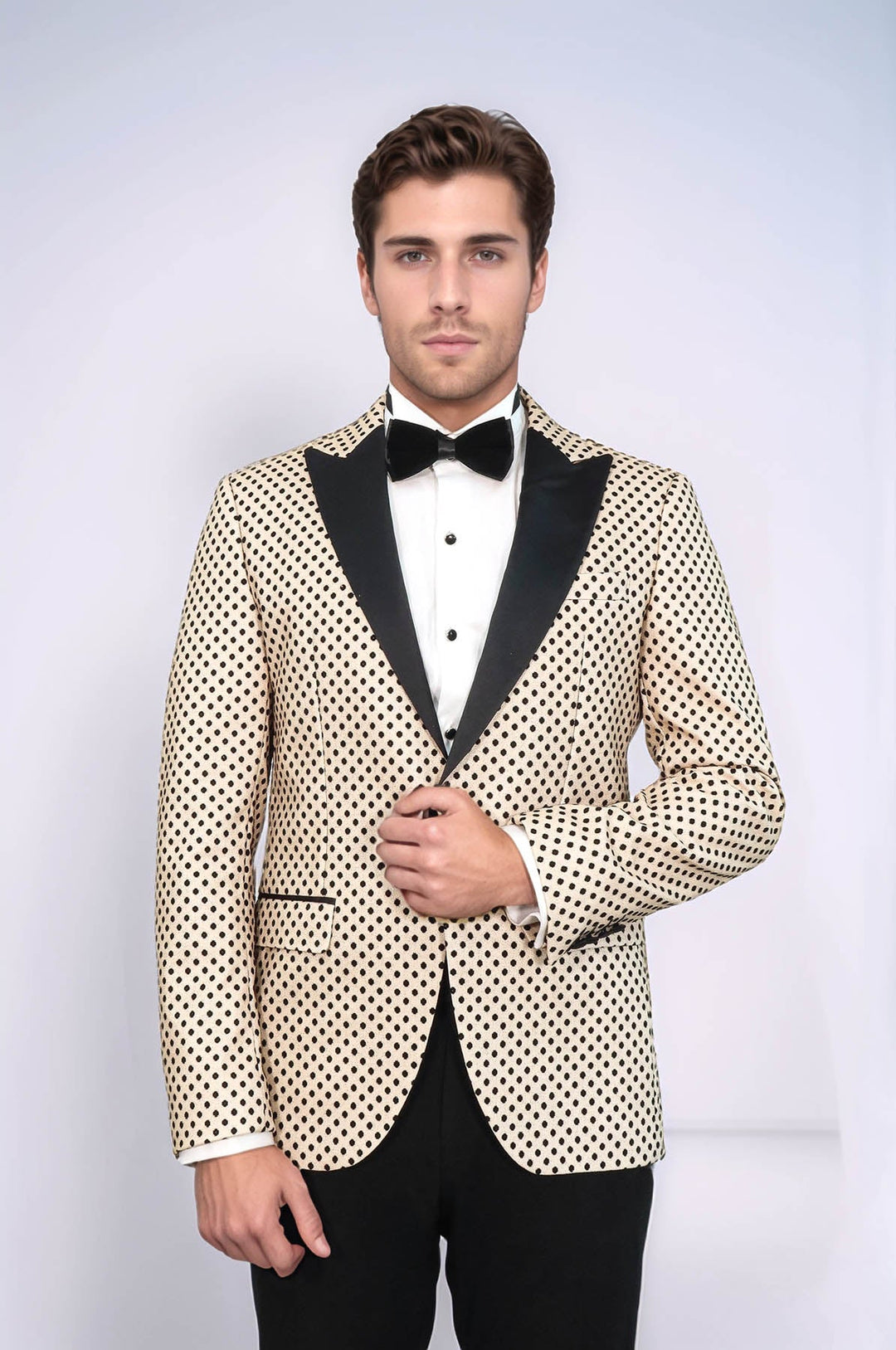 Sequin Dot Patterned Cream Men Wedding Tuxedo Blazer - Wessi