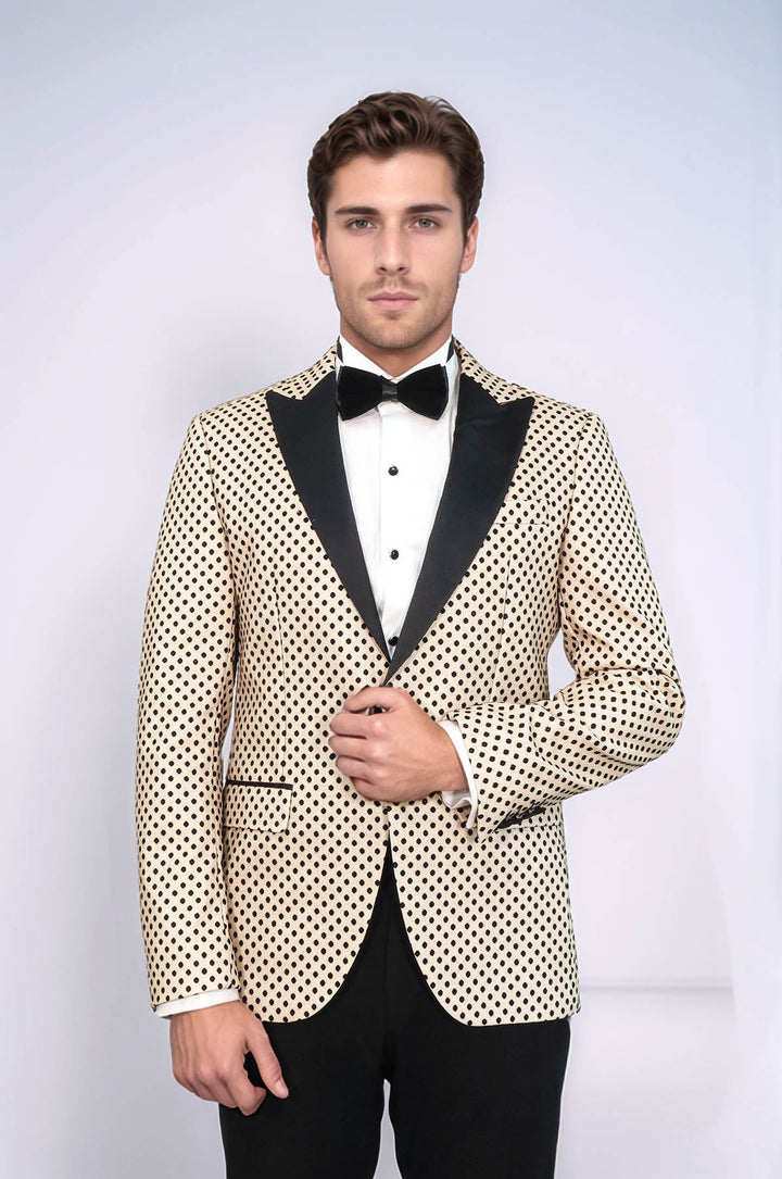 Sequin Dot Patterned Cream Men Wedding Tuxedo Blazer - Wessi