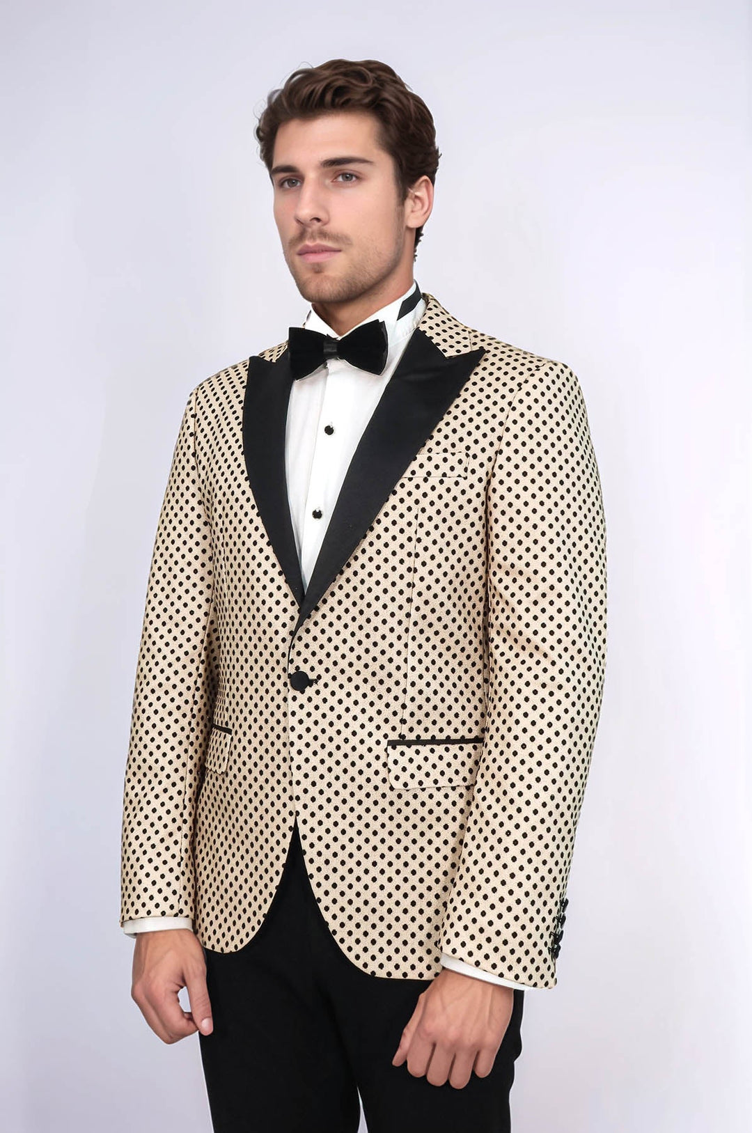 Sequin Dot Patterned Cream Men Wedding Tuxedo Blazer - Wessi