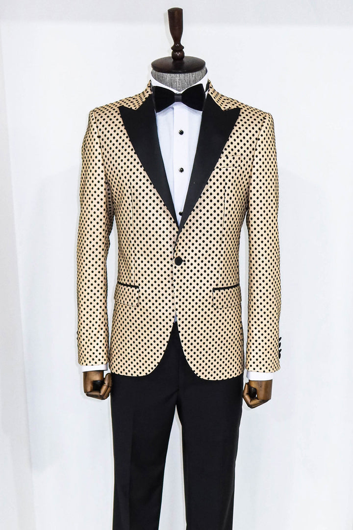 Sequin Dot Patterned Cream Men Prom Blazer and Trousers Combination- Wessi