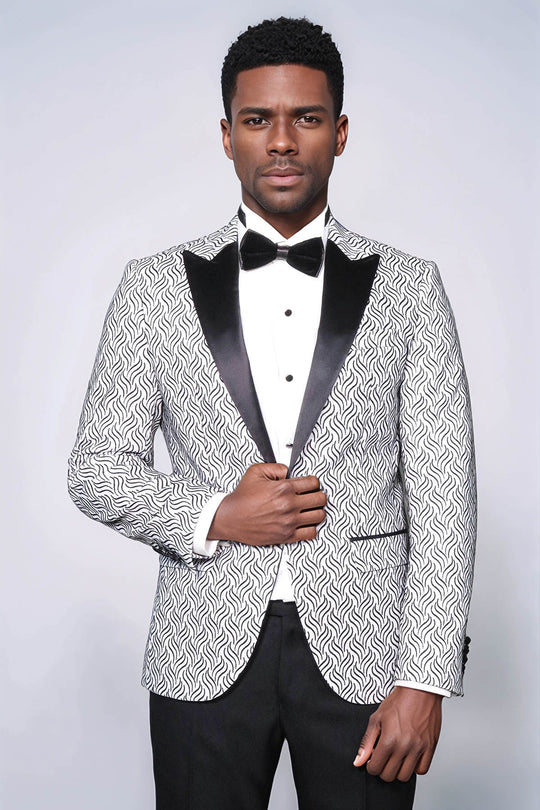 Shiny Patterned White Men Prom Blazer - Wessi