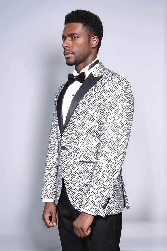 Shiny Patterned White Men Prom Blazer - Wessi