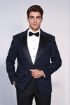 Scroll Patterned Navy Blue Men Wedding Tuxedo Blazer - Wessi