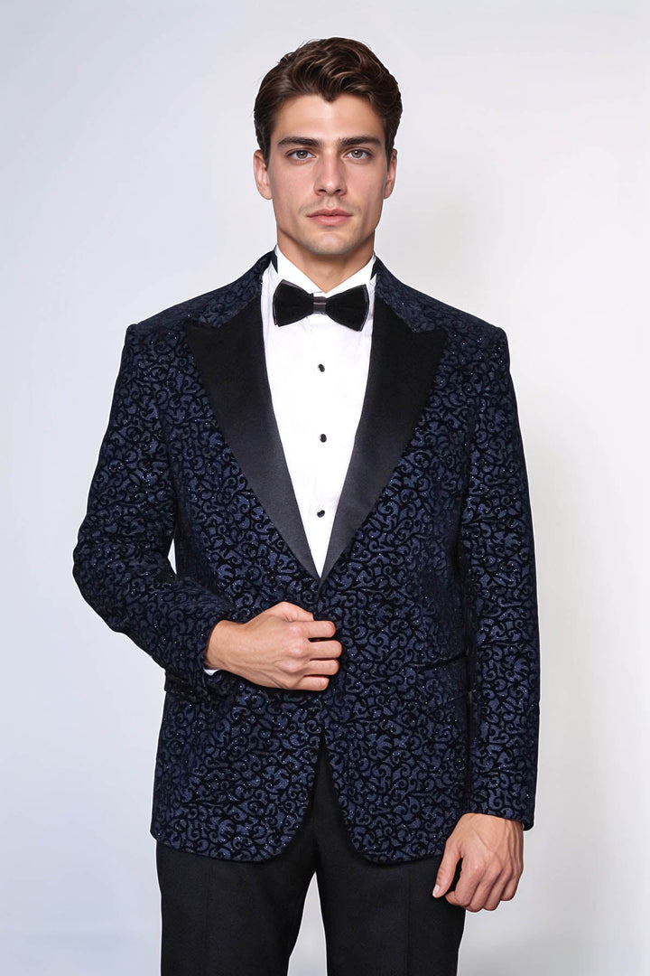 Scroll Patterned Navy Blue Men Wedding Tuxedo Blazer - Wessi