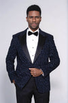 Scroll Patterned Navy Blue Men Wedding Tuxedo Blazer - Wessi