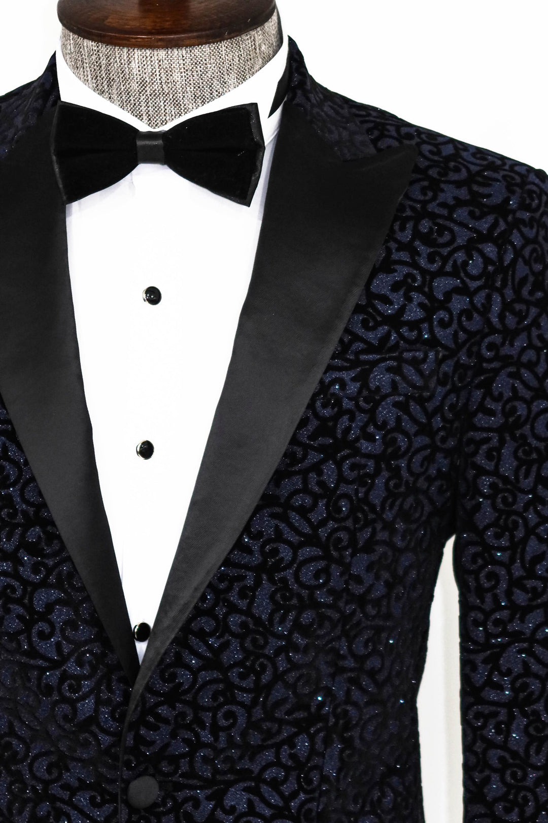 Scroll Patterned Navy Blue Men Prom Blazer and Trousers Combination - Wessi
