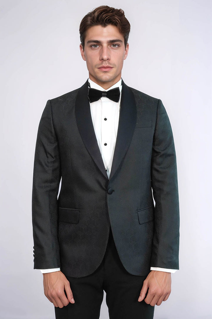 Pentagon Patterned Shawl Lapel Black Men Evening Jacket - Wessi
