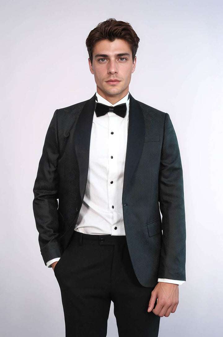 Pentagon Patterned Shawl Lapel Black Men Evening Jacket - Wessi