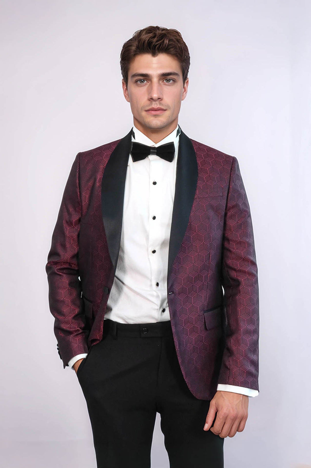 Pentagone à motifs châle revers bordeaux hommes blazer de bal - Wessi