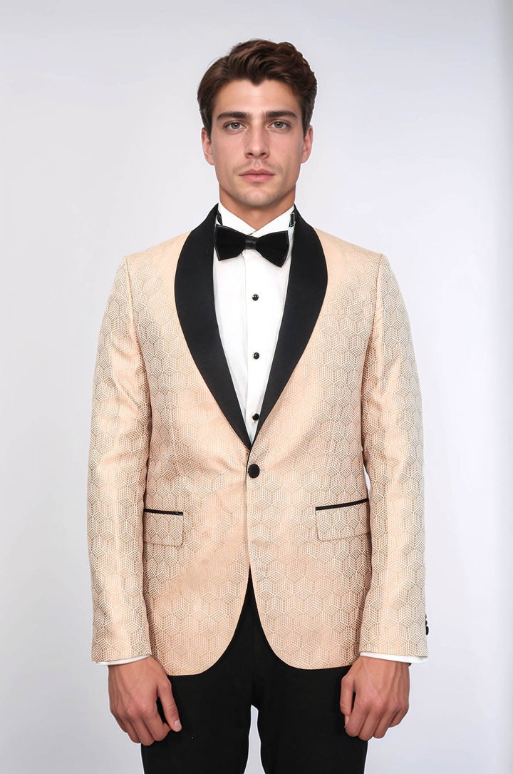 Pentagon Patterned Shawl Lapel Cream Men Dinner Jacket - Wessi