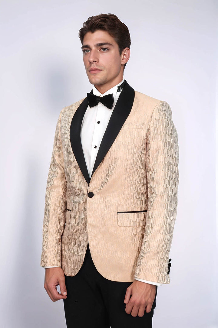 Pentagon Patterned Shawl Lapel Cream Men Dinner Jacket - Wessi