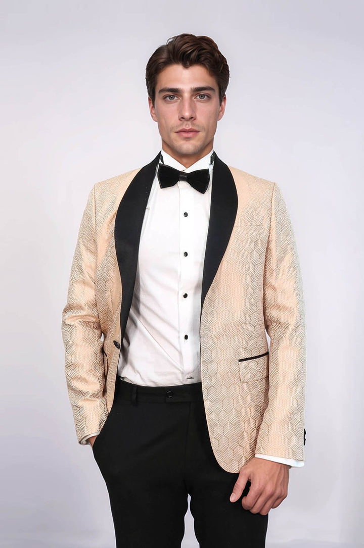 Pentagon Patterned Shawl Lapel Cream Men Dinner Jacket - Wessi