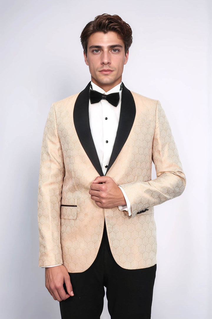 Pentagon Patterned Shawl Lapel Cream Men Dinner Jacket - Wessi