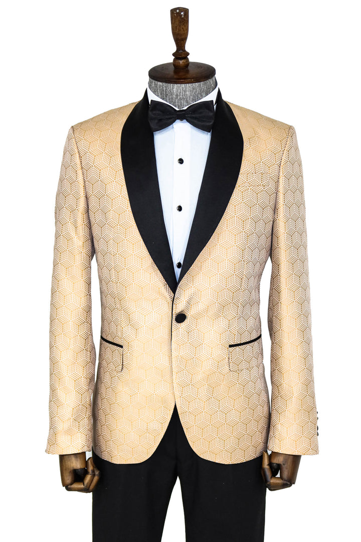 Pentagon Patterned Shawl Lapel Cream Men Prom Blazer  and Trousers Combination- Wessi