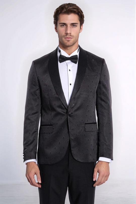 Dot Patterned Slim Fit Black Men Tuxedo Jacket - Wessi